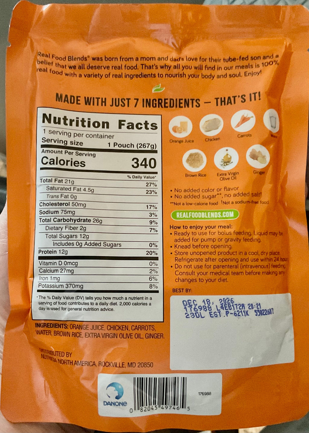 Real Food Blends Chicken, Carrots & Brown Rice — nutrition facts, 340 calories per 267g pouch, 7 real ingredients, distributed by Danone North America