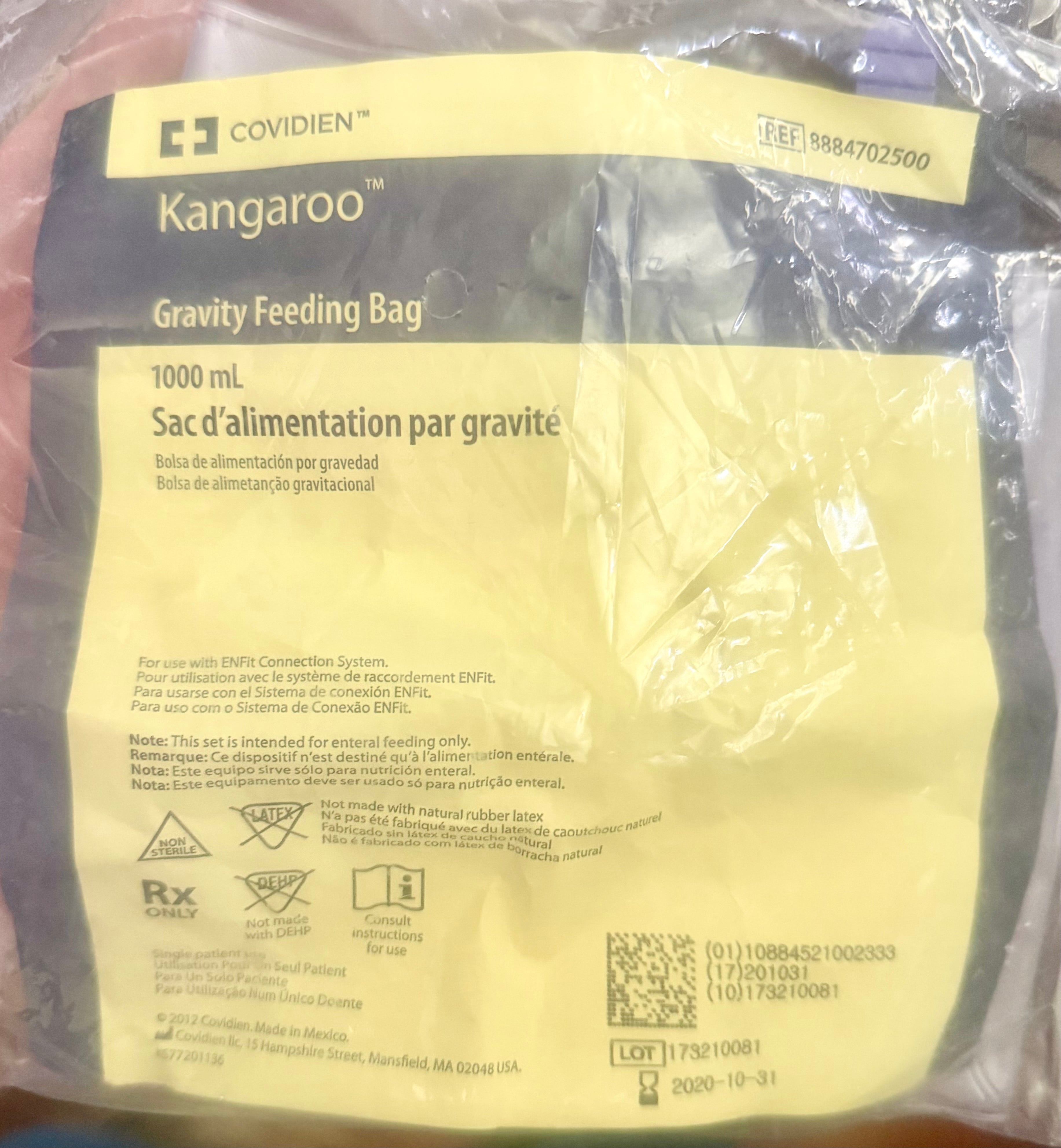 Covidien Kangaroo Gravity Feeding Bag 1000mL with ENfit connector — REF 8884702500, label view, latex-free, Rx only
