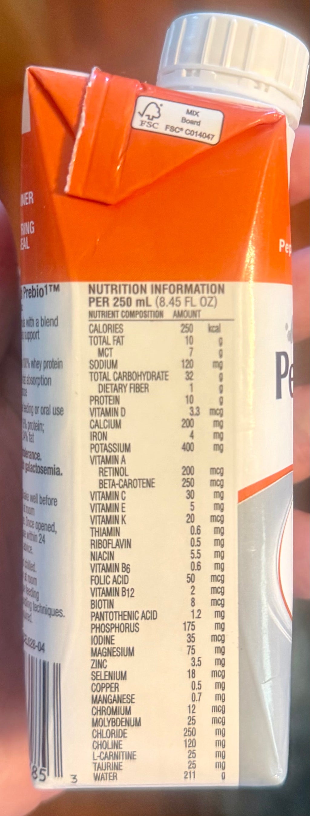 Peptamen with Prebio1 Vanilla nutrition facts panel per 250mL