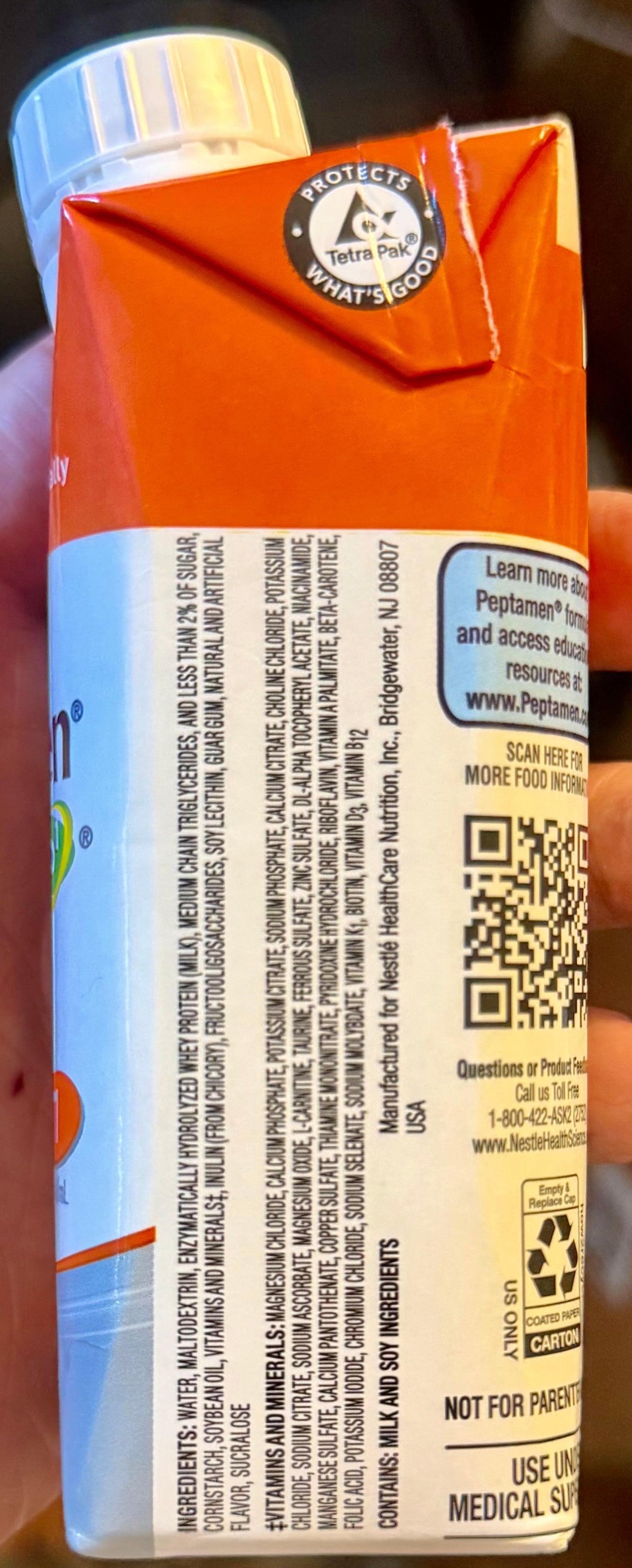 Peptamen with Prebio1 Vanilla ingredients list and manufacturer information