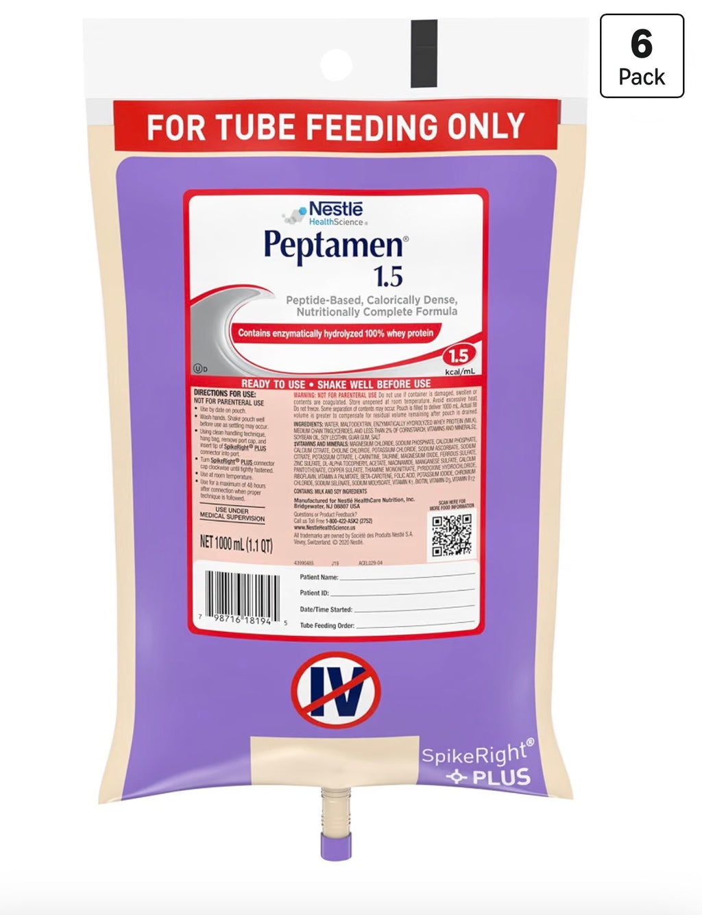 Peptamen 1.5 Unflavored Peptide-Based Tube Feeding Formula — Single 1000mL Bag (1.1 QT)