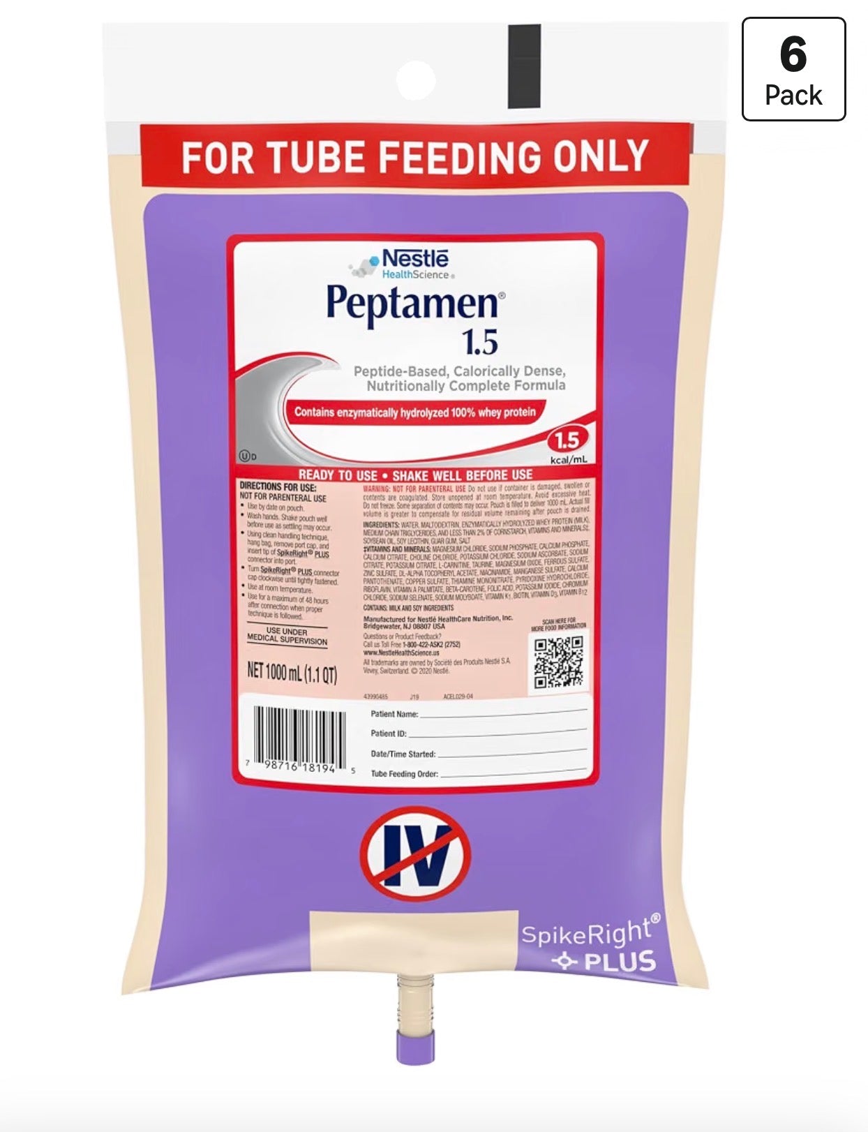 Peptamen 1.5 Unflavored Peptide-Based Tube Feeding Formula — Single 1000mL Bag (1.1 QT)