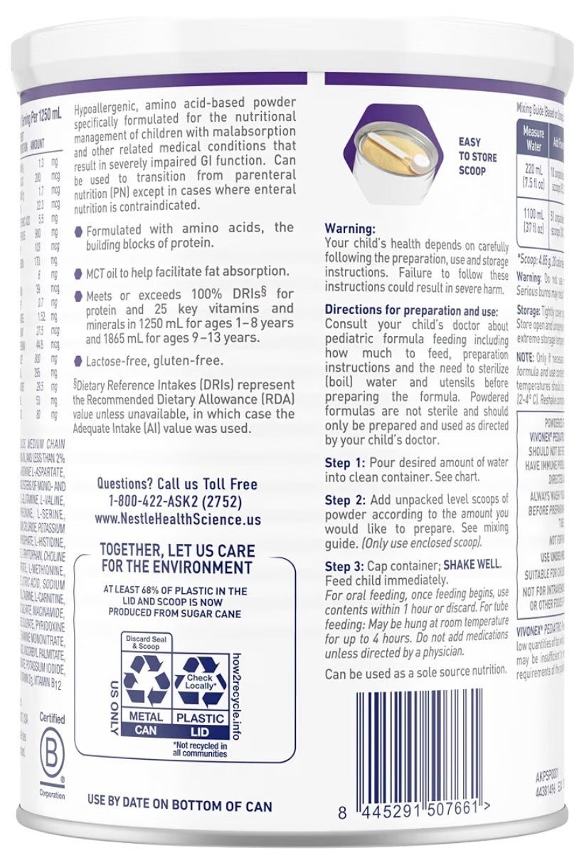 Vivonex Pediatric Elemental Formula Powder — 6-Can Case (6 x 247.35g)