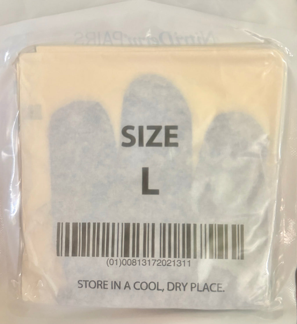 NitriDerm Sterile Chemo Nitrile Gloves — back packaging showing Size L and storage instructions