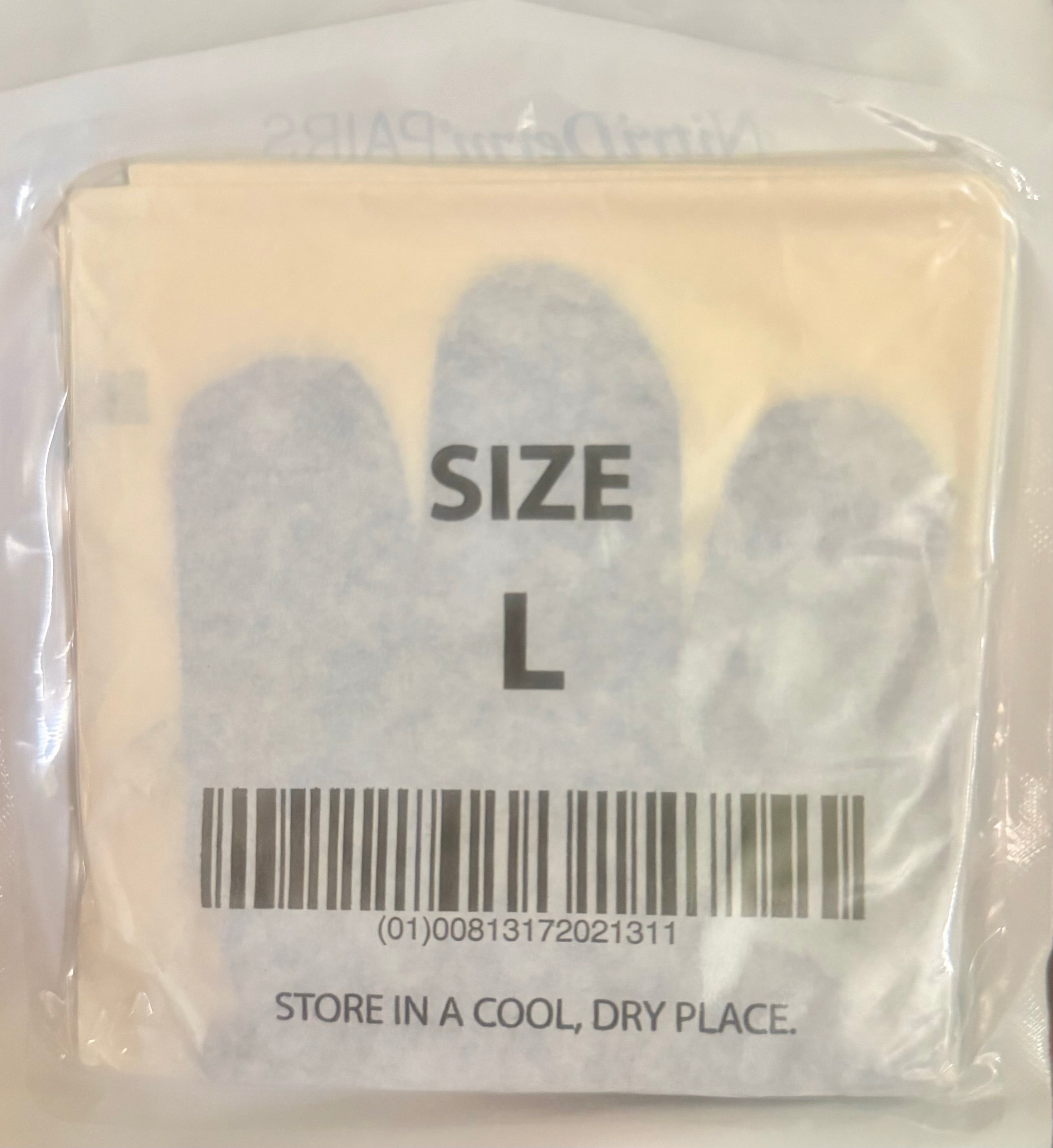 NitriDerm Sterile Chemo Nitrile Gloves — back packaging showing Size L and storage instructions