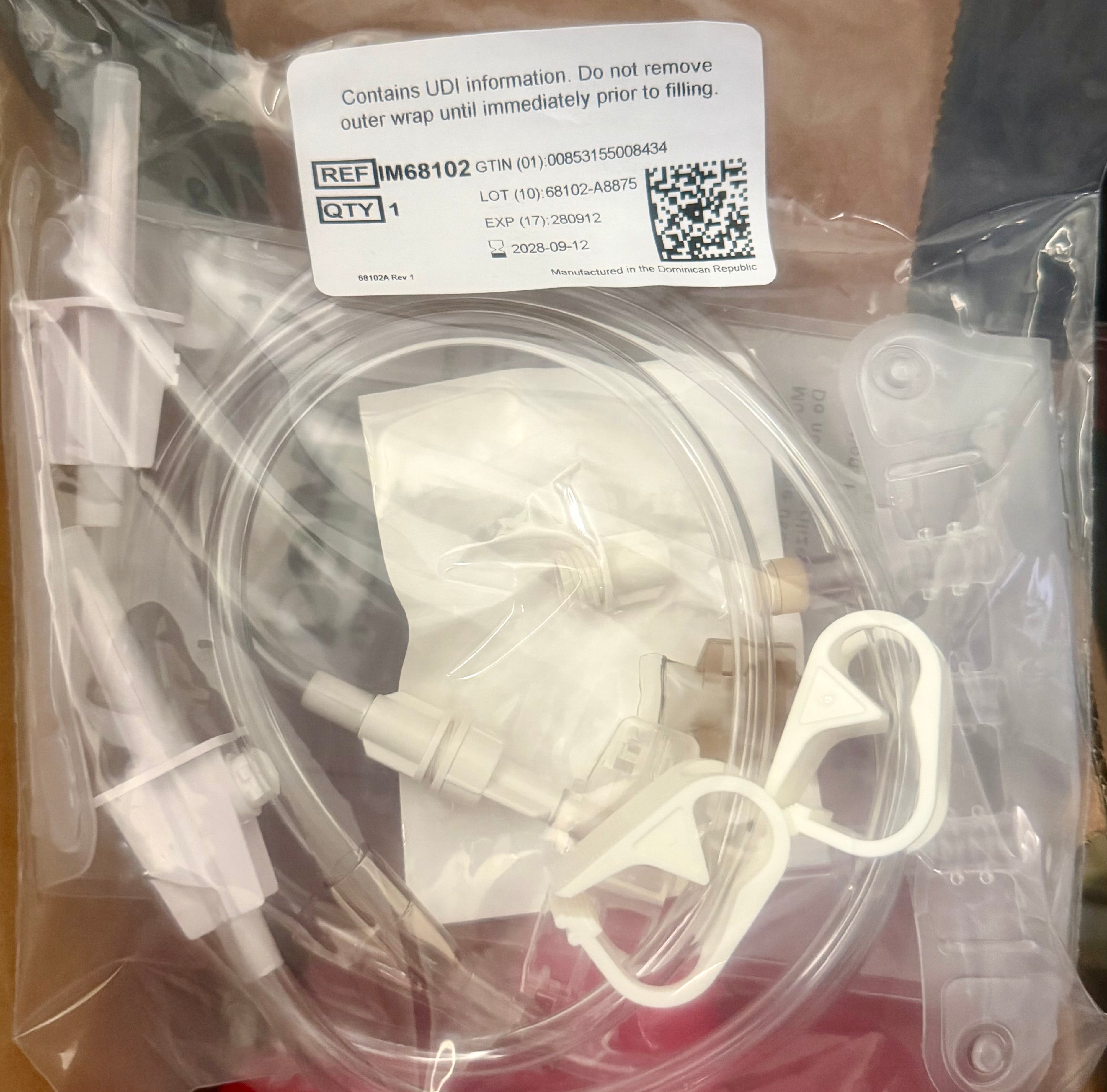 IMed Empty EVA IV Bag IM68102 — sterile packaged unit with UDI label