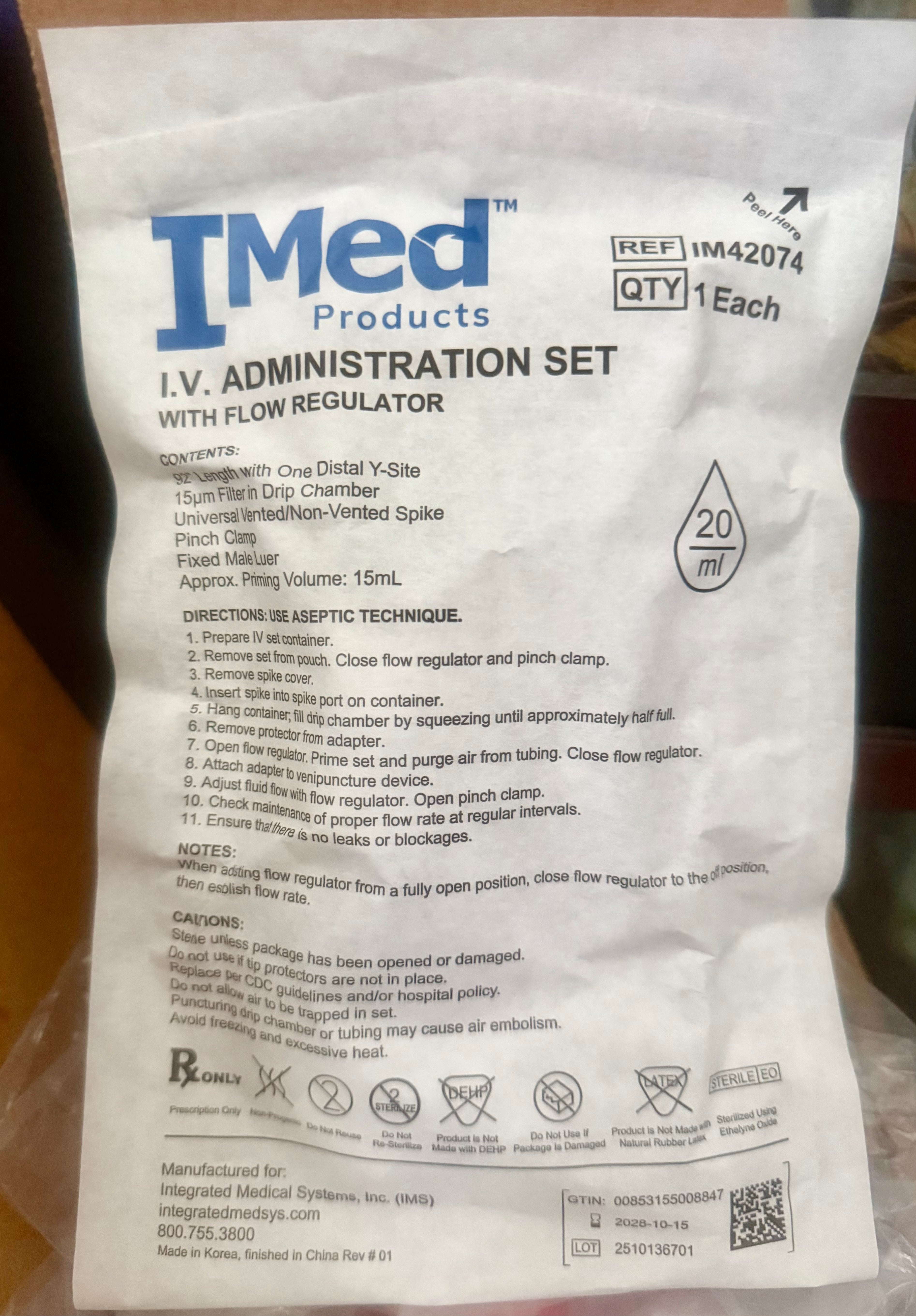IMed IV Administration Set with Flow Regulator IM42074 — back label with contents and directions
