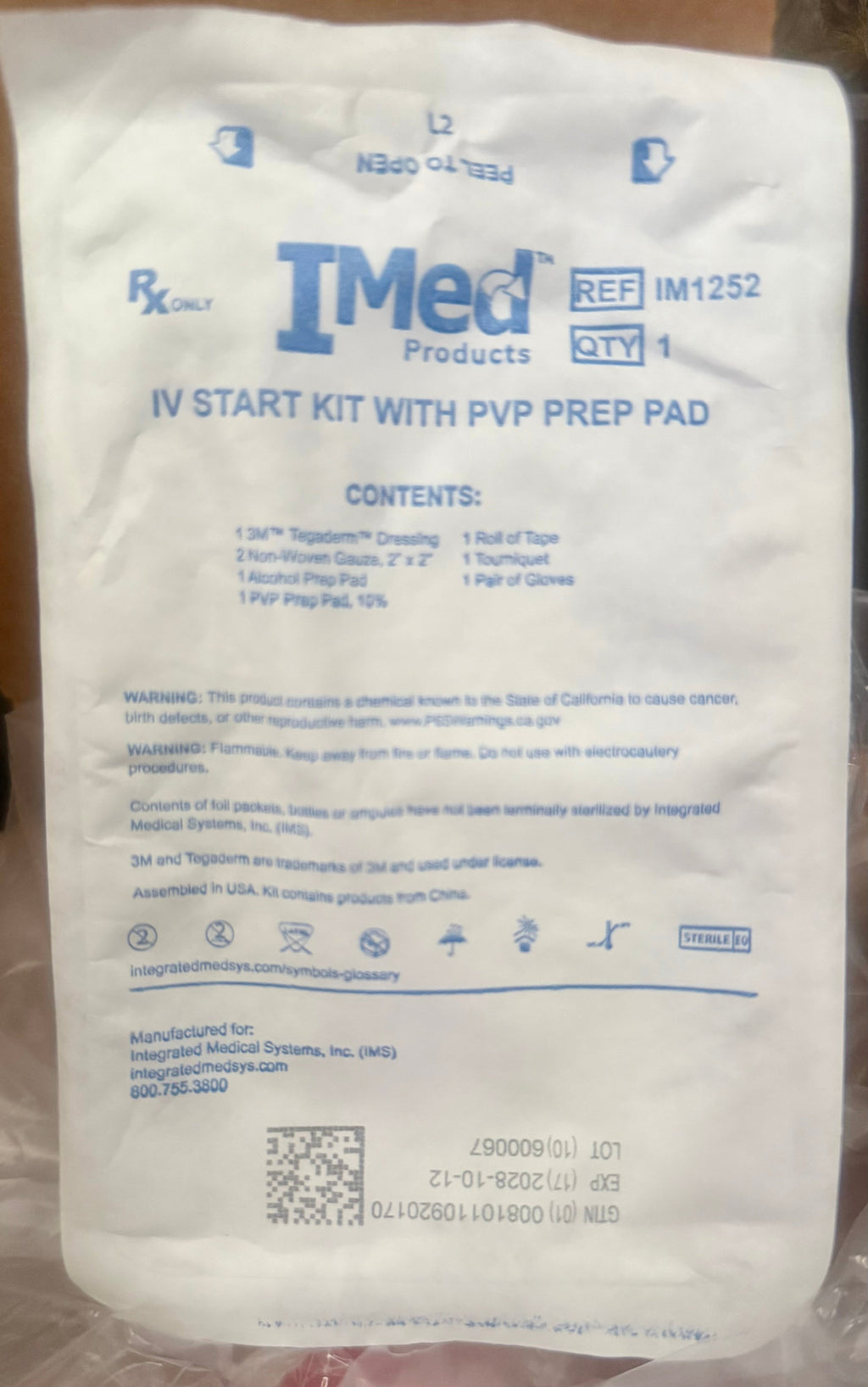 IMed IV Start Kit with PVP Prep Pad IM1252 — back label with contents and warnings