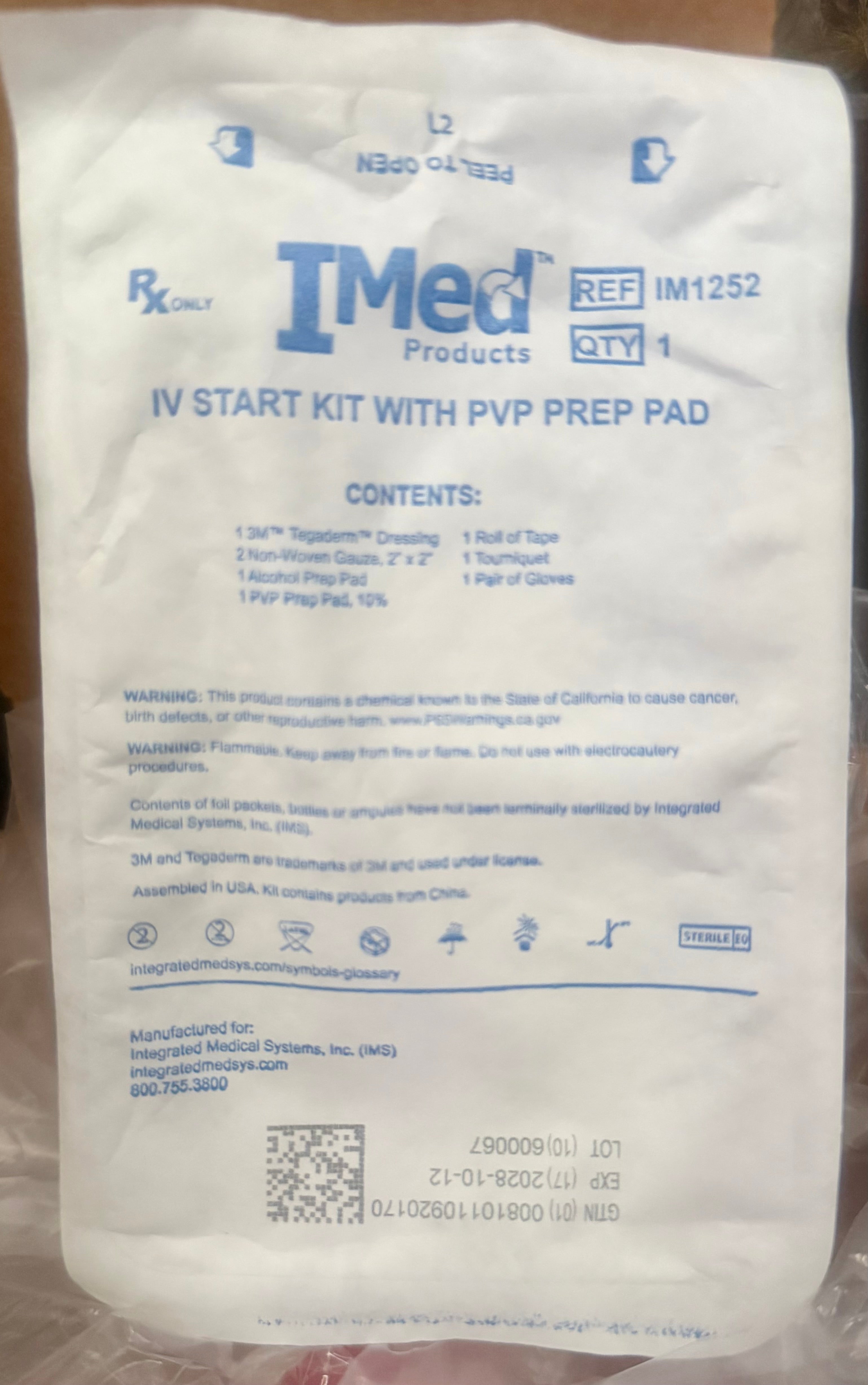 IMed IV Start Kit with PVP Prep Pad IM1252 — back label with contents and warnings