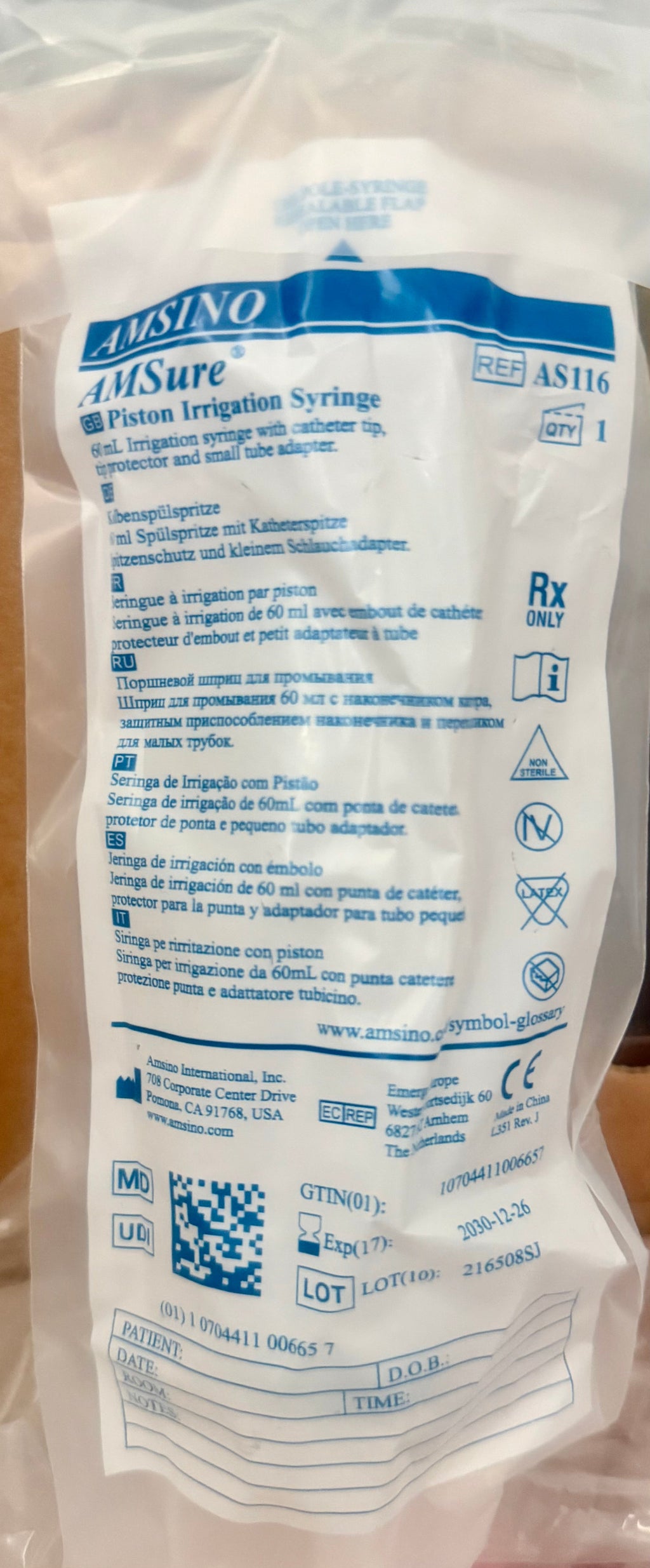 Amsino AMSure Piston Irrigation Syringe AS116 — packaging label with product details