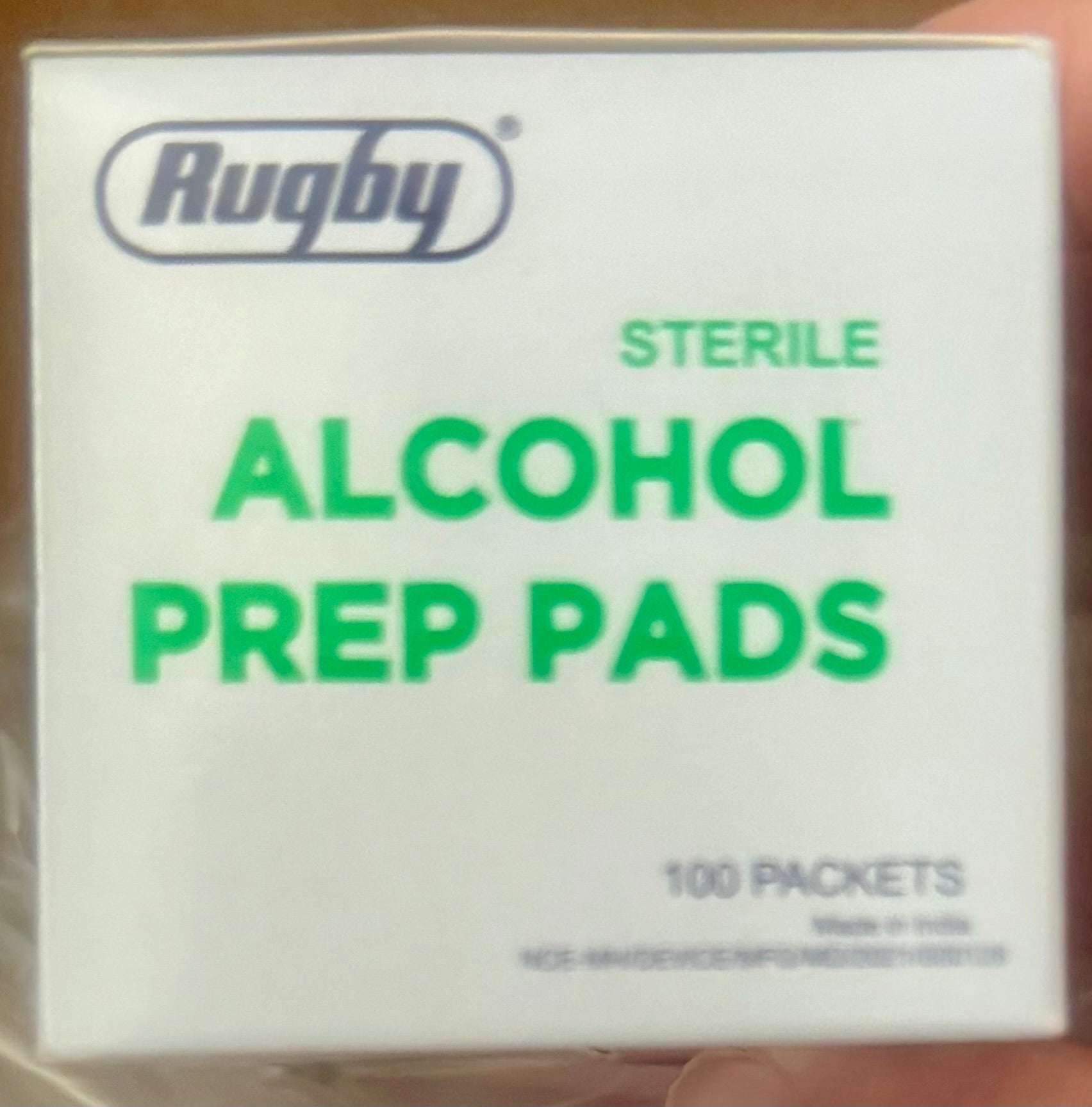 Rugby Sterile Alcohol Prep Pads top of box — 100 packets