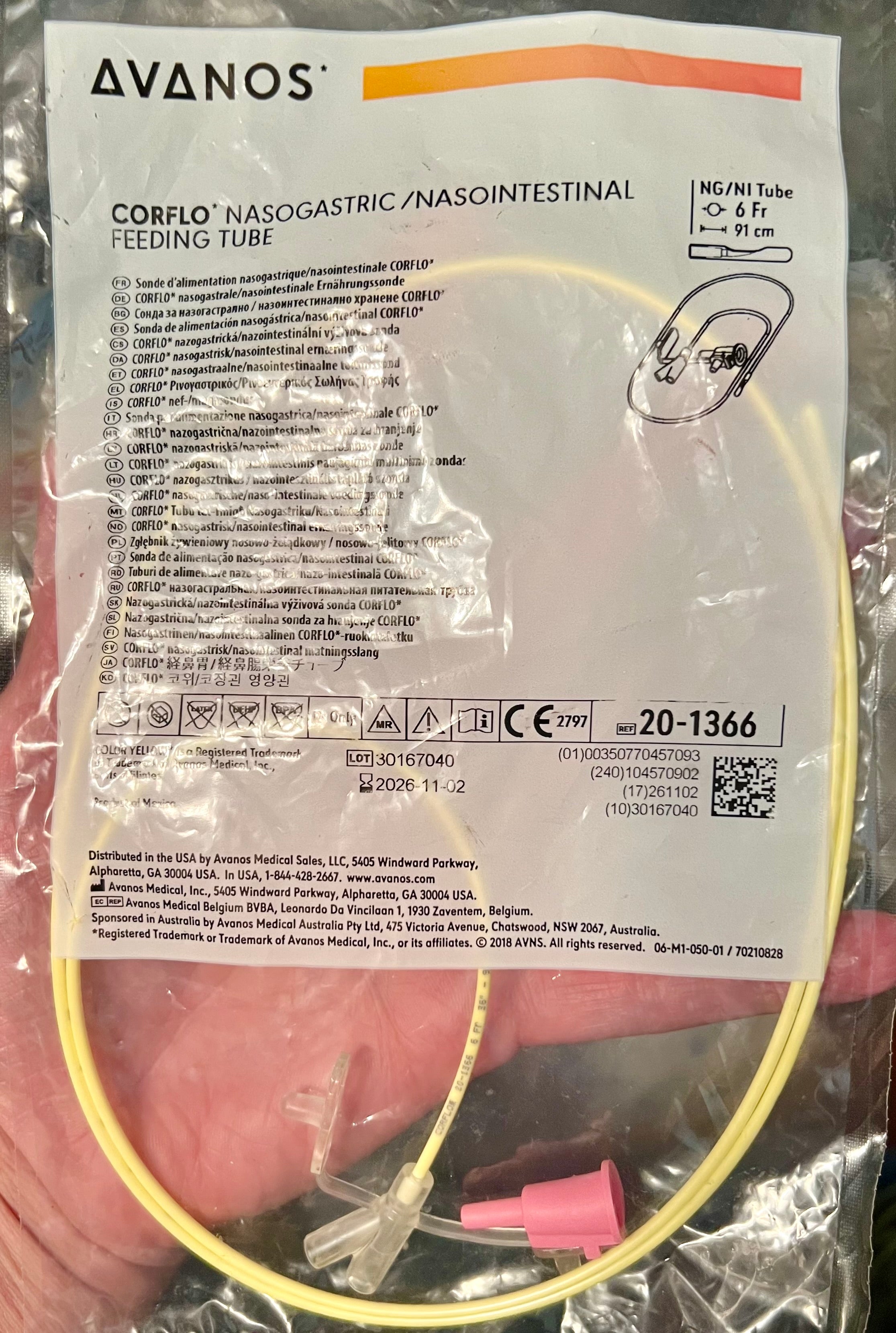 Avanos CORFLO Nasogastric/Nasointestinal Feeding Tube — 6 Fr, 91 cm | REF 20-1366