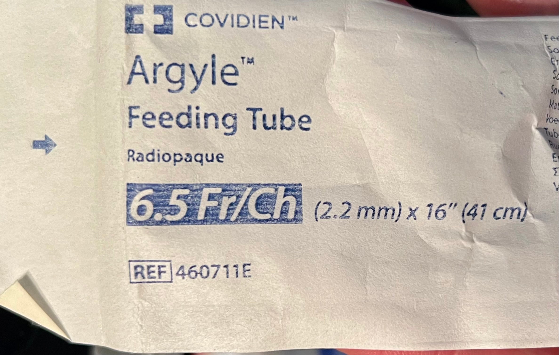 Covidien Argyle Feeding Tube — 6.5 Fr/Ch (2.2mm × 16") | Radiopaque | REF 460711E