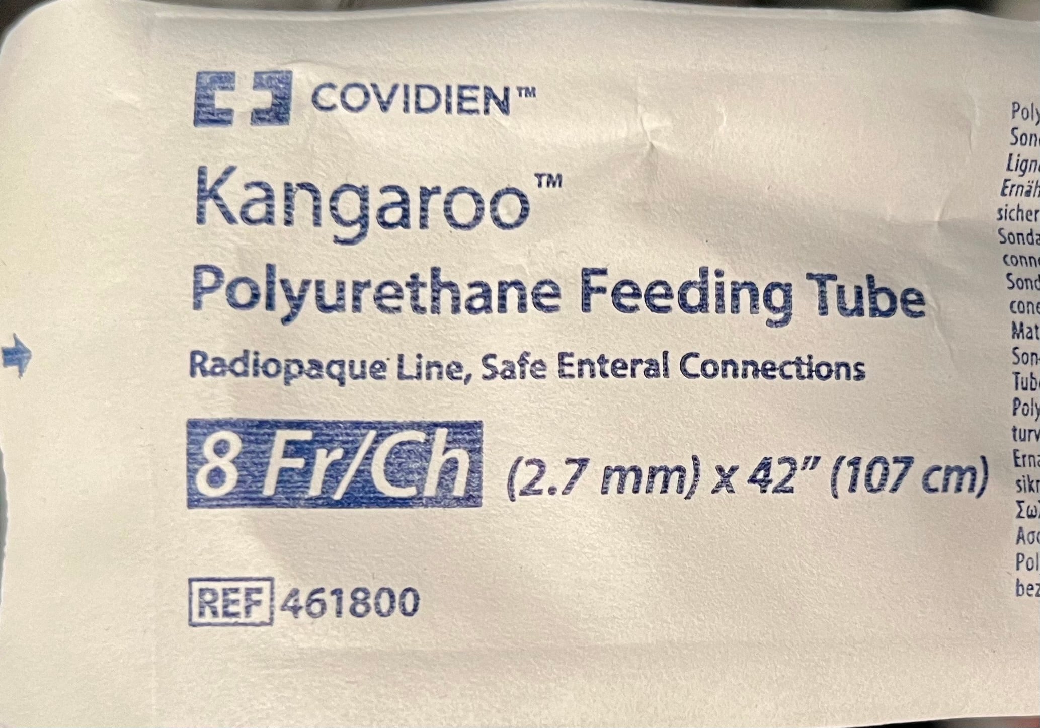 Covidien Kangaroo Polyurethane Feeding Tube — 8 Fr/Ch (2.7mm × 42") | Radiopaque | Safe Enteral Connections | REF 461800