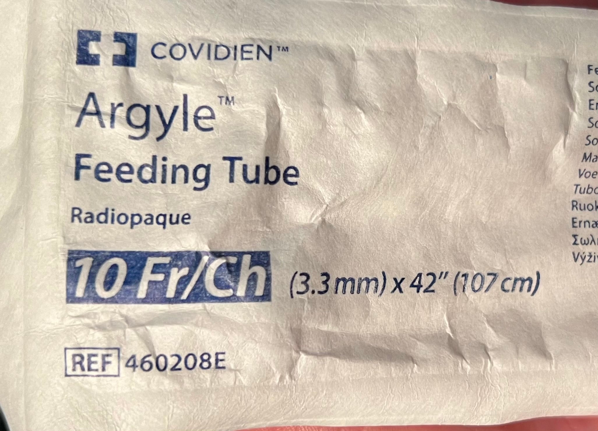 Covidien Argyle Feeding Tube — 10 Fr/Ch (3.3mm × 42") | Radiopaque | REF 460208E