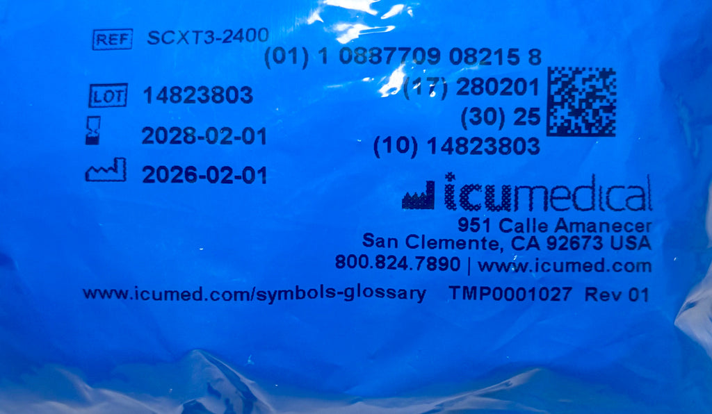 ICU Medical SwabPack packaging label showing REF SCXT3-2400, lot and expiry details