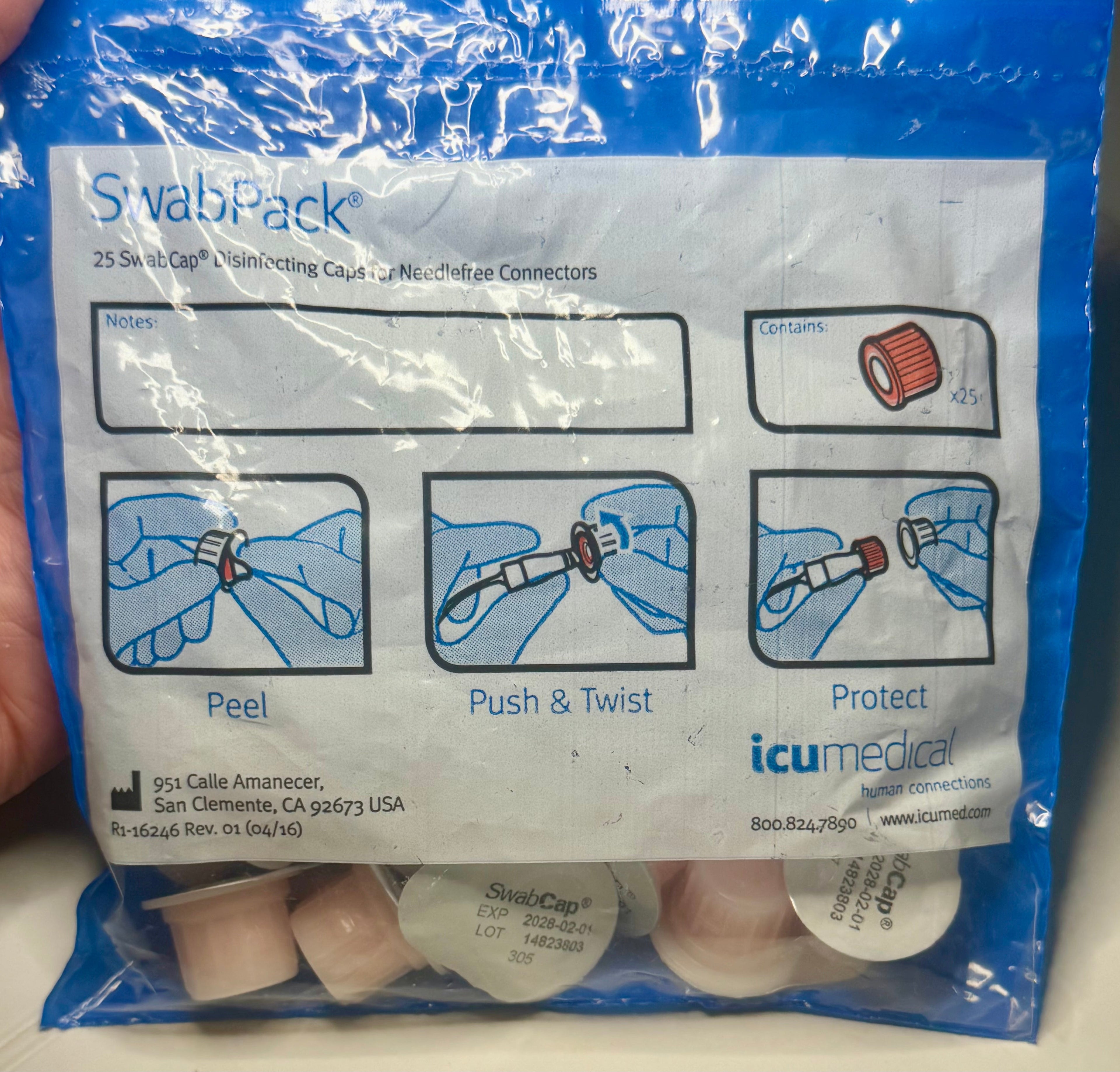 ICU Medical SwabPack of 25 SwabCap disinfecting caps with usage instructions