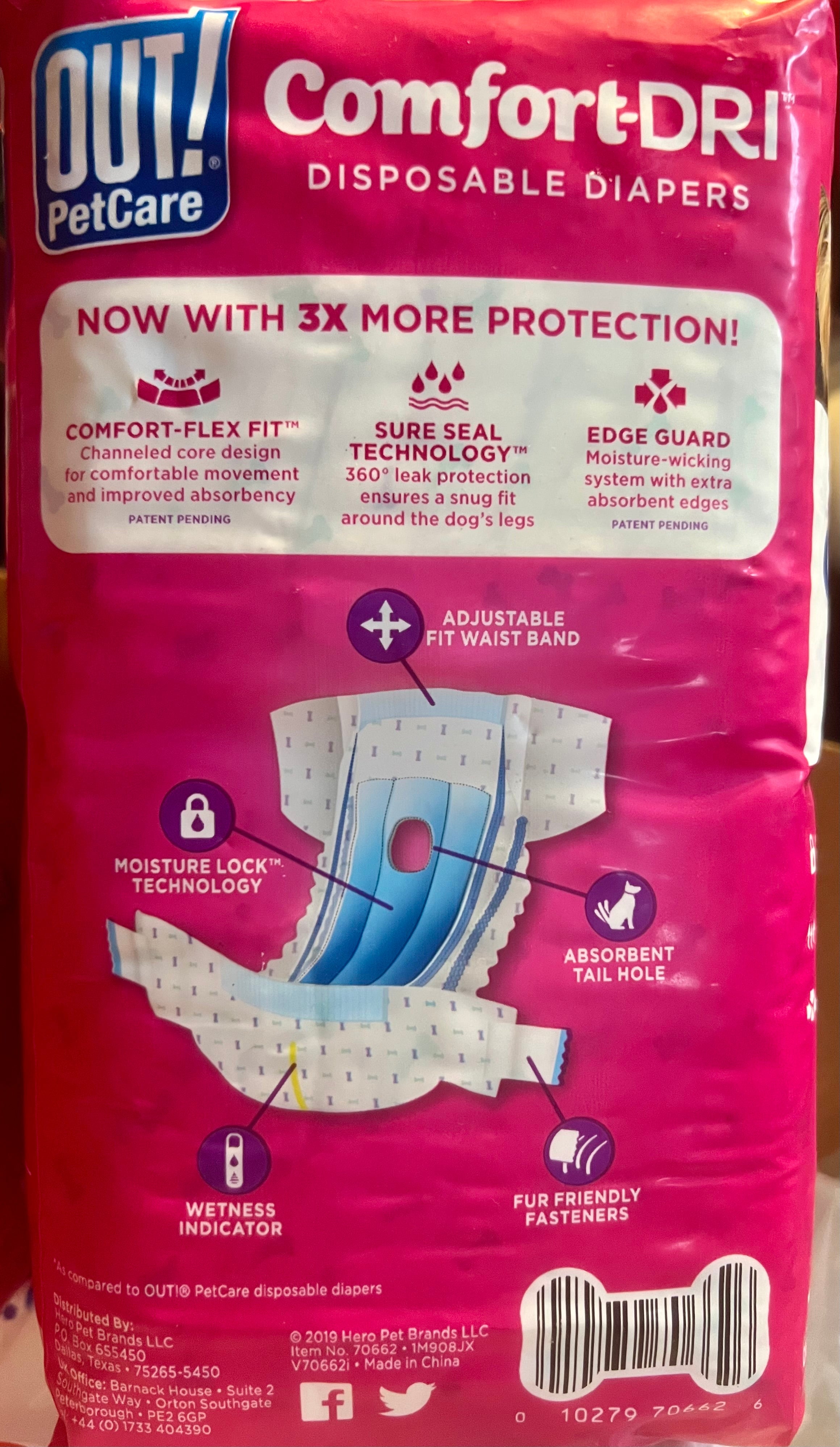 OUT! PetCare Comfort-DRI Dog Diapers — back of package with feature callouts and 3X protection claim