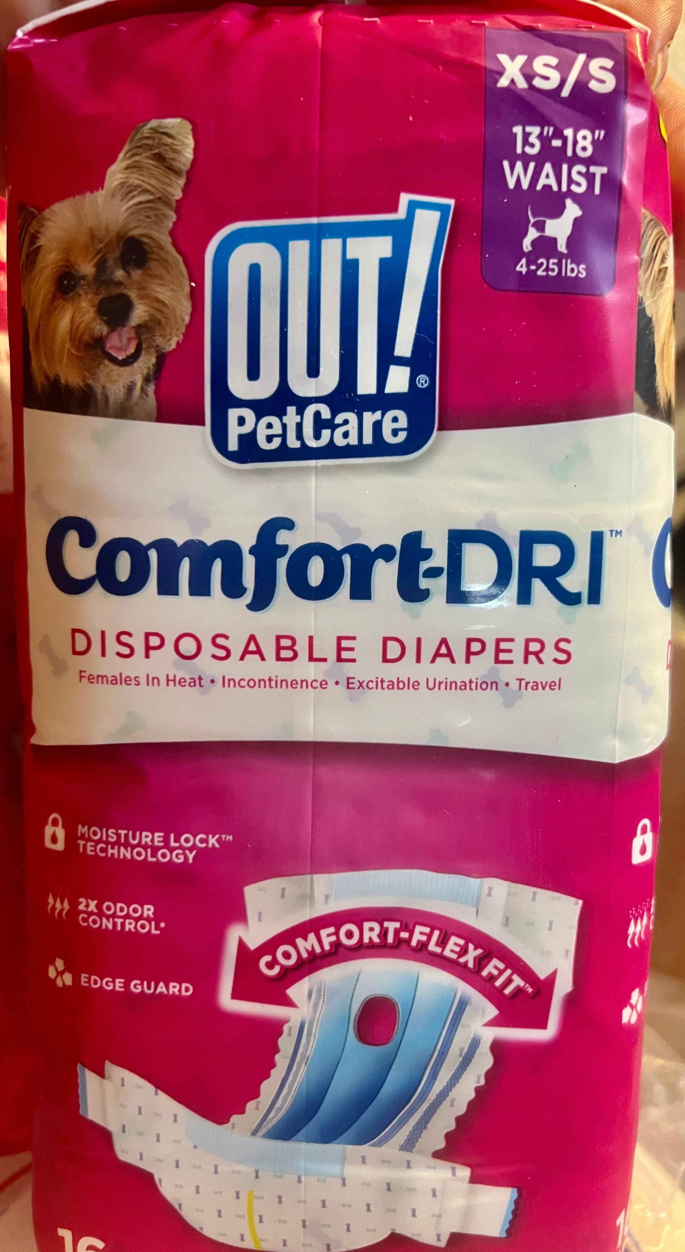 OUT! PetCare Comfort-DRI Disposable Dog Diapers XS/S — front of package showing size and features