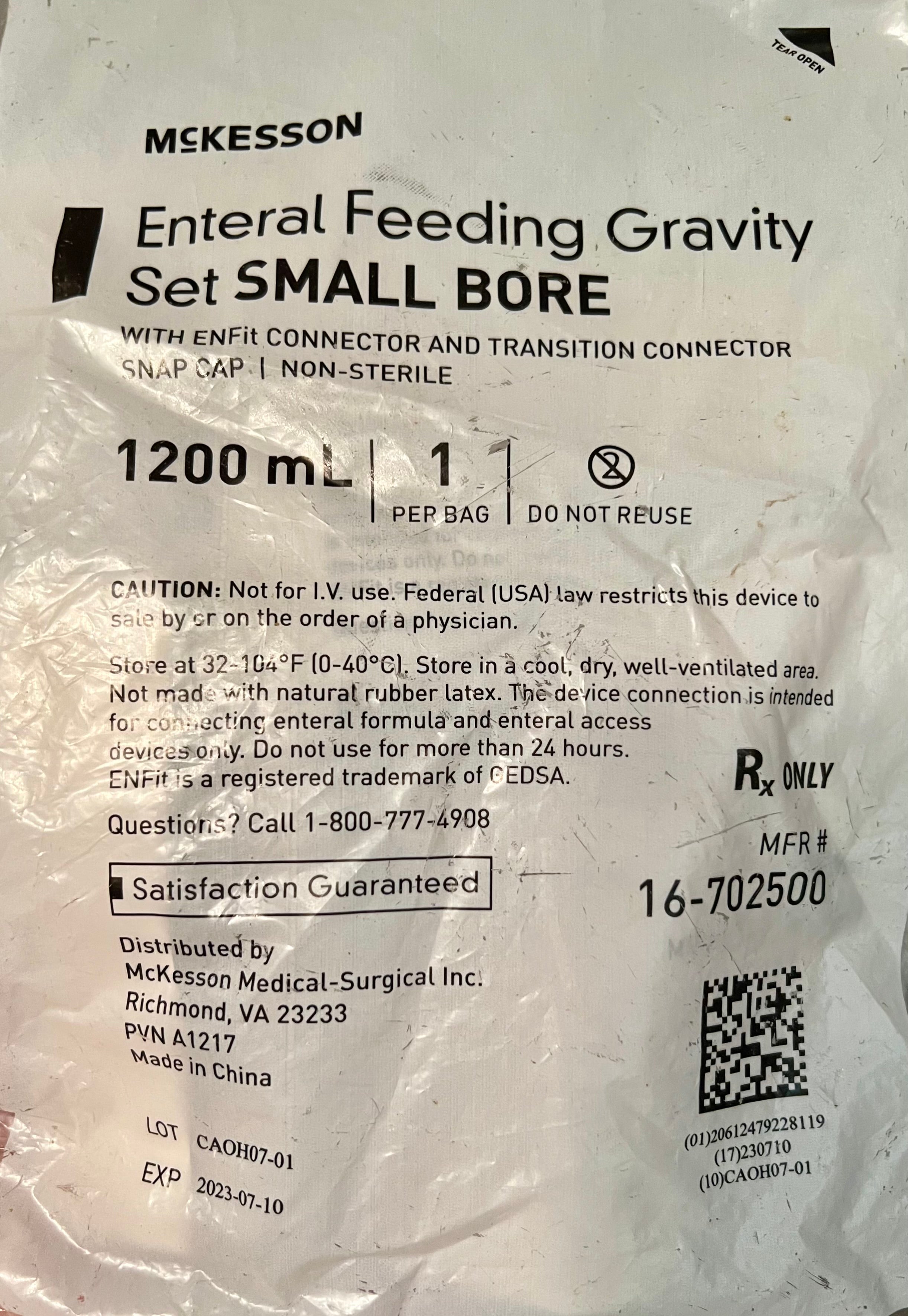 McKesson Enteral Feeding Gravity Set Small Bore 1200mL — Single Unit MFR #16-702500