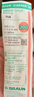 B. Braun Introcan Safety IV Catheter 20G x 1in PUR — product label REF 4251652-02